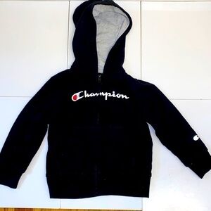 Champion black cotton sweatshirt/ hoodie. Front zip. Size 5/6.